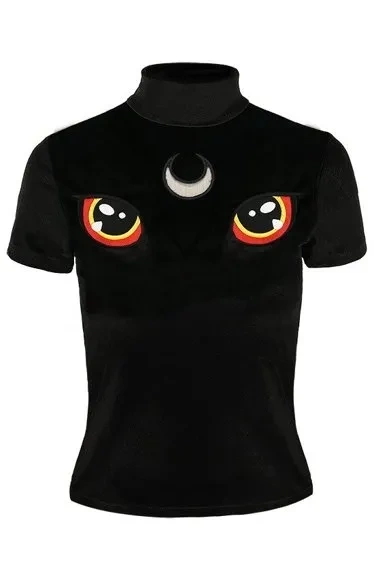 Black Velvet Cat Top with embroidery I SEE YOU